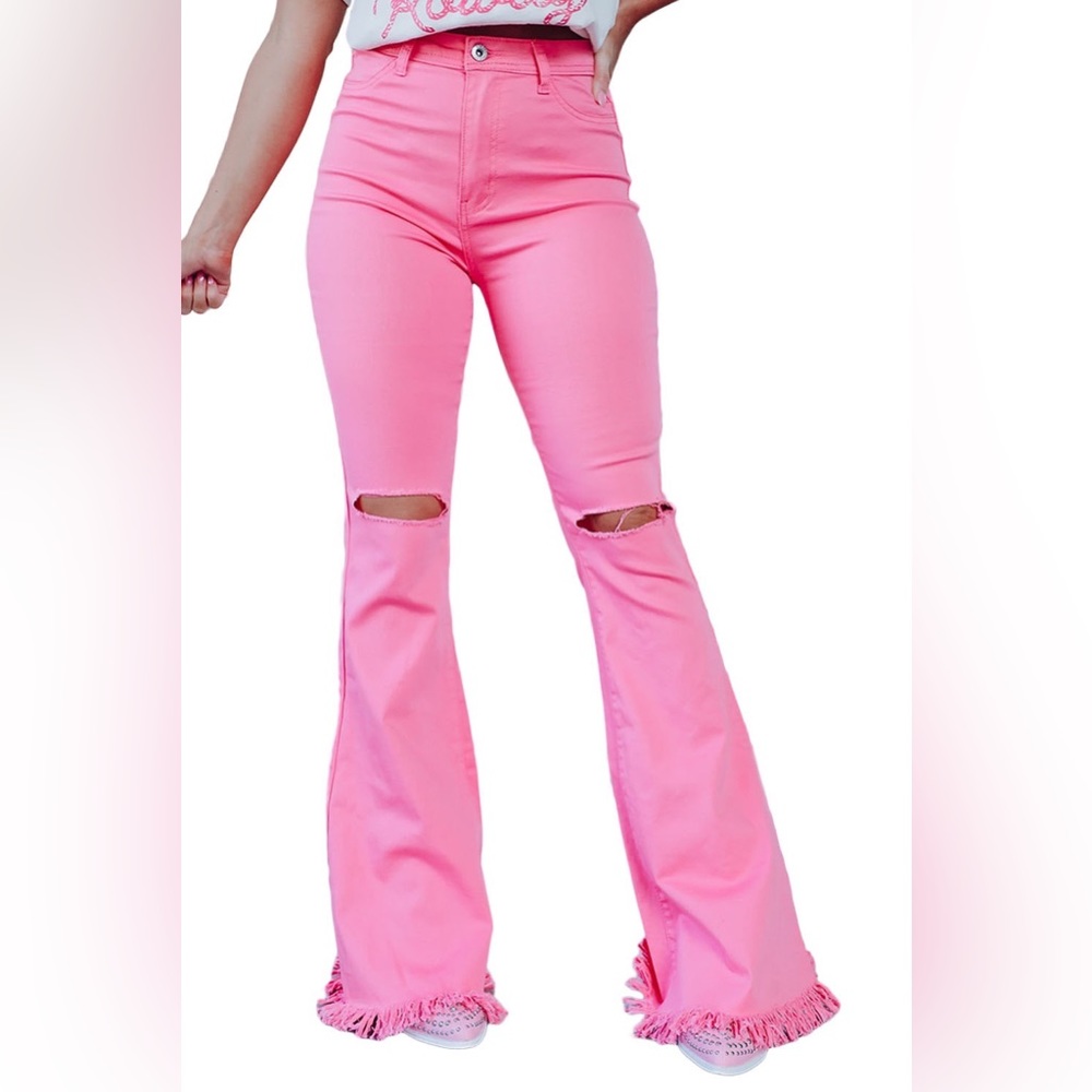 New| Pink Vintage Ripped Flare Raw Hem Jeans